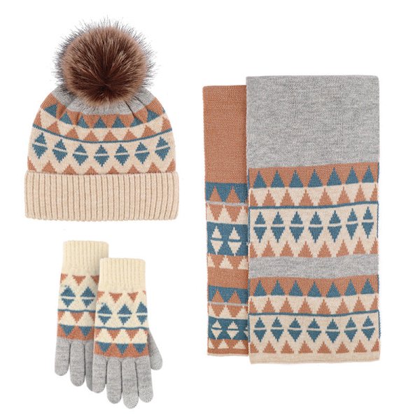 Handskar Halsduk Mössa Tredelat Set Ull Varm Köldtålig Pälsboll Halsduk Tredelat Set Blue Triangle [three-piece set]]