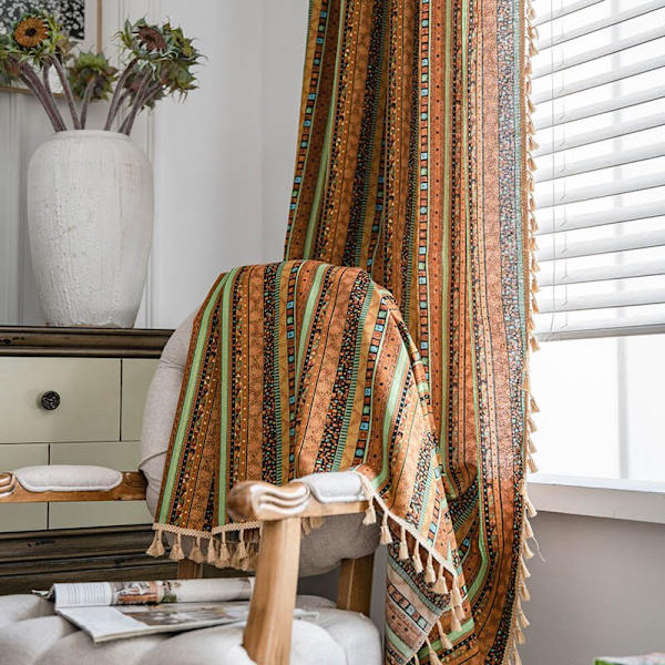 Röda Böhmiska Gardiner Tofs Mörkläggande Fönster Draperier Sovrum Vardagsrum Kök Gardin Jul Bomull Franskt Burspråk Platt Fönster Blue W150xL160cm 1pc