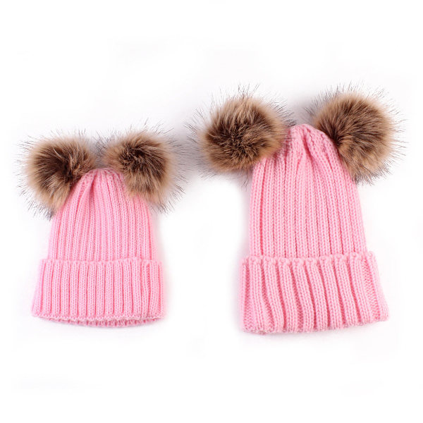Syksyn ja talven tuplaturkispallo vanhempi-lapsi neulottu pipo luova lämmin miesten ja naisten villapipo Pink Average size