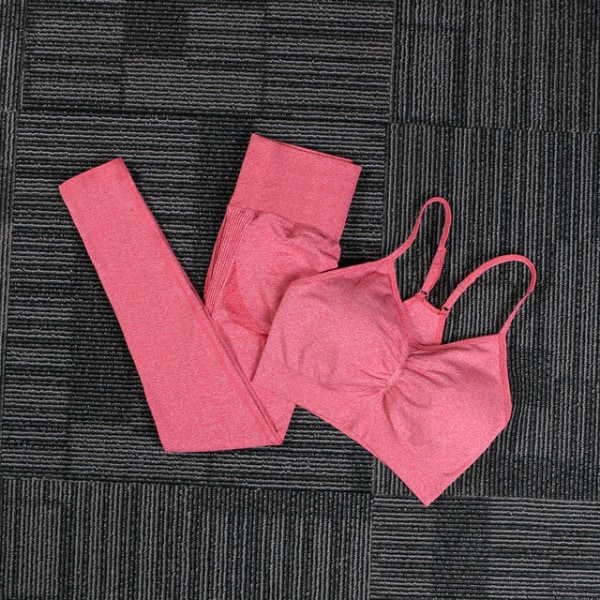 Set Fitness Sportdräkter Gymkläder Toppar och Leggings för kvinnor Pink set S