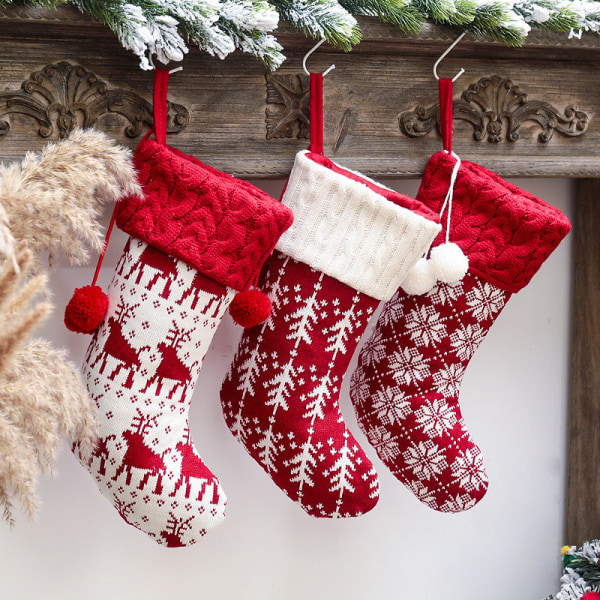 Juldekorationer Stickade Julstrumpor Ullgarn Strumpor Röd och Vit Älg Presentpåse Barn Presentpåse Christmas knitted elk socks