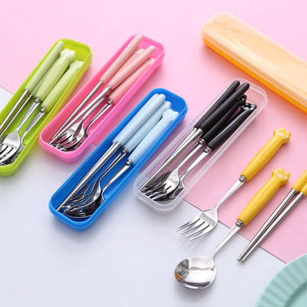 Kissankäpälä Astiasto Keraaminen Ruostumaton Teräs Astiasto Syömäpuikot Lusikka Haarukka Kannettava Astiasto Pink cat's paw spoon Fork