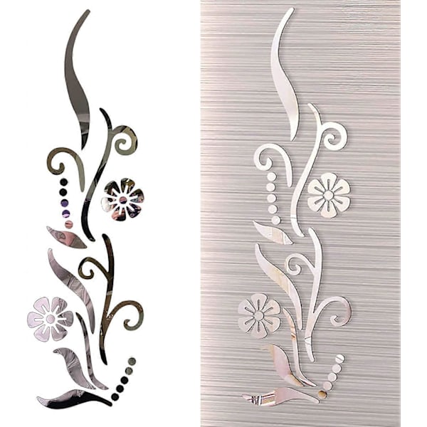 3D Blomma Spegel Väggdekor för Sovrum Vardagsrum Soffa Bakgrund TV Vägg Bakgrund, 3D Avtagbar Akryl Väggdekal (Silver)
