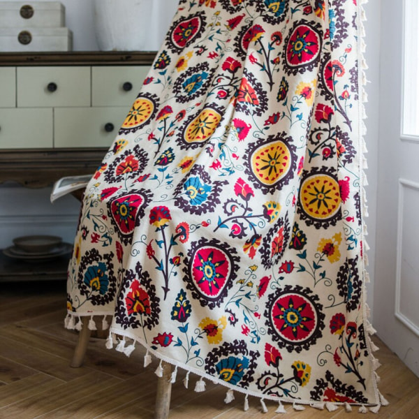Solsikkeprint Gardin med Kvaster Boheme Bomuld Hør Semi-skygge Soveværelse Stue Karnap Vinduesgardiner Indretning cortina As Show 1pc W150cm x H220cm
