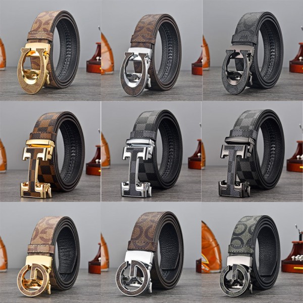 Exklusiv Business Casual Herr Automatiskt Spänne Bälte All-Match Herrbyxbälte Veneer B Buckle Golden long grid 115cm