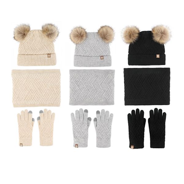 Varm Stickad Mössa Halsduk Handskar Tredelat Set plus Fluffiga Bollar Mössa Tredelat Set Green three-piece set