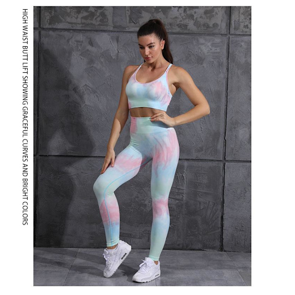 Yoga Sett Treningsstudio Fitness Sportsklær Høy Midje Atletiske Leggings Sports Trenings BH Drakter Blue C M