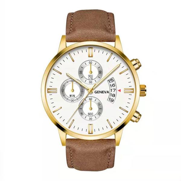 Klocka med läderarmband, kvartsur, modekalender, herrklocka, affärsklocka för män Gold shell brown with white surface