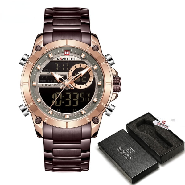 Herr Militär Sport Armbandsur Guld Quartz Stål Vattentät Dubbel Display Herrklockor Relogio Masculino SB BOX