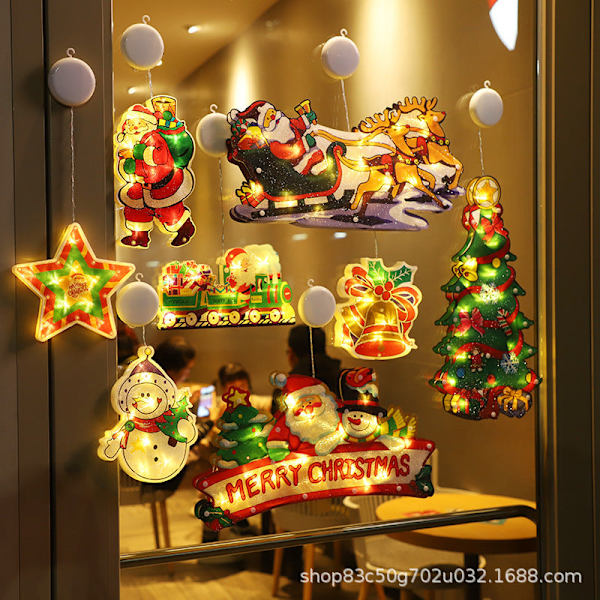 Fönsterhängande Ljusslingor Juldekoration Butik Atmosfär Scen Layout Jul LED Sugpropp Dekorativa Ljus Small Santa Claus [19*17]]