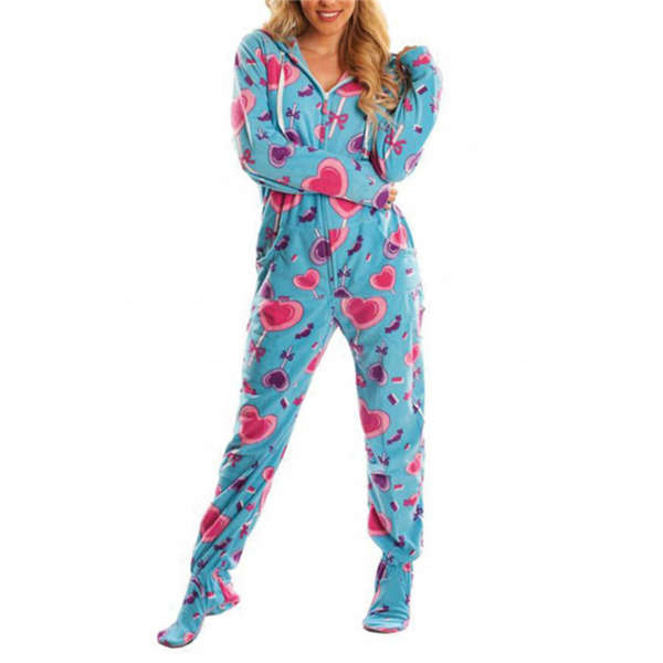 Dam Vår Höst Jumpsuit med Huva Tryck Varm Långärmad Ledig Lös Romper Dam Hem Pyjamas Navy blue S