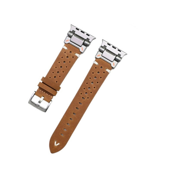 Klockarmband för Apple Watch iWatch 42/44/45/46 10:e generationen/49mm Explorer hål läder kaffefärg + pappersförpackning