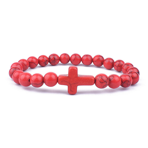 Charm Natursten Armbånd Kors Sort Lava Mat Perlearmbånd Håndlavede Mænd Kvinder Bøn Fitness Kæde Par Smykker Gave Porcelain White