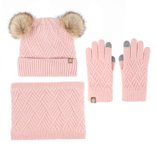 Varm Stickad Mössa Halsduk Handskar Tredelat Set plus Fluffiga Bollar Mössa Tredelat Set Gray three-piece set