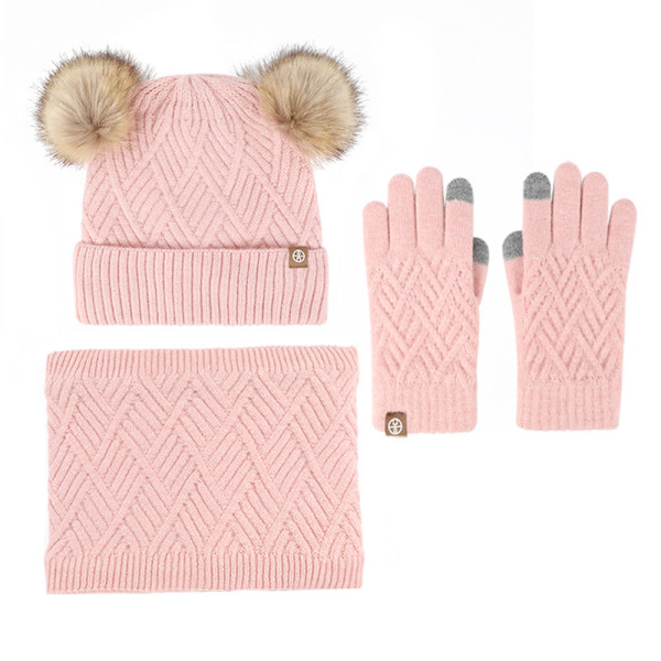 Varm Stickad Mössa Halsduk Handskar Tredelat Set plus Fluffiga Bollar Mössa Tredelat Set Green three-piece set