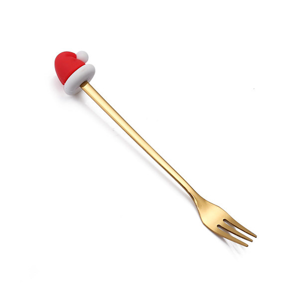 Tegneserie Servise Kattepote Skje Søt Dessertskje Rustfritt Stål Skje Dukke Dessert Fruktgaffel Gold Fork-Christmas hat