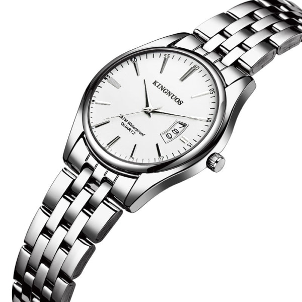 Trendy Mode Stålbælte Herre Kalender Vandtæt Læder Urrem Ur Women's steel belt white plate