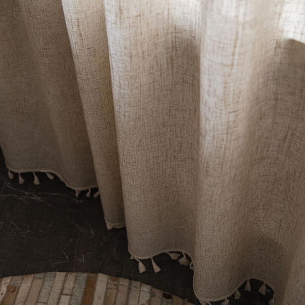 Boho ensfarget vindusgardin i bomullslin med dusker, blendingskappe for luksuriøs stuegardin 1 W150 cm X H280 cm