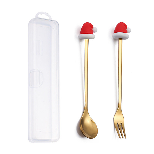 Q Juldessert Gaffel-Sked Set Söt Docka Dessertsked Tecknad Bordsartiklar Fruktgaffel Portabel Kaffesked Rocket gold spoon Fork storage box
