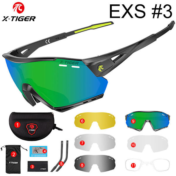 X-TIGER Polarisoidut urheilupyöräilyaurinkolasit miesten pyöräilylaseille UV-400 linssillä, pyörälasit MTB-suojaukseen, pyöräilylasit EXS#3-dark green 17cm