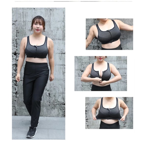 Yoga BH Kvinnor Stötsäker Gym Tröja Sport-BH Dragkedja Fram Stor Dam Push Up Behå Sportkläder Black XXL