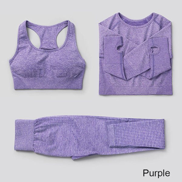 Yoga Set Träningskläder Sportkläder Gym Kläder Fitness Leggings Toppar För Kvinnor 3 pcs set purple M
