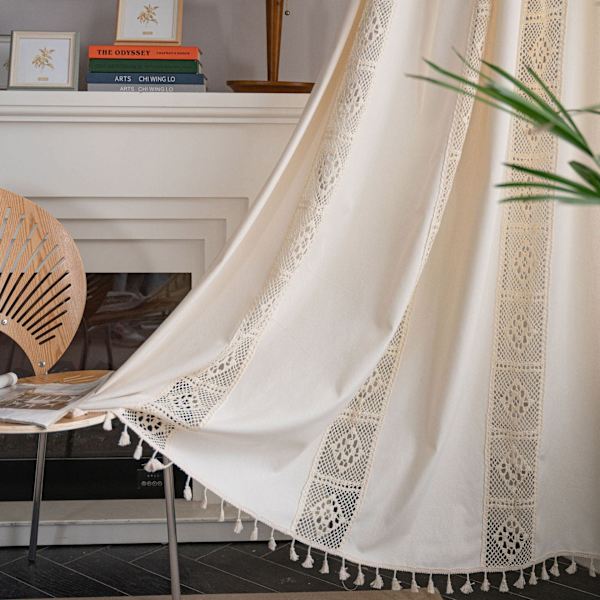 Yaapeet Puuvilla-pellavaverhot olohuoneeseen, maalaistalon tanko-oveen, vintage-sisustusverhot, beige raidallinen lyhyt ikkunaverho 4 W150cm X H260cm
