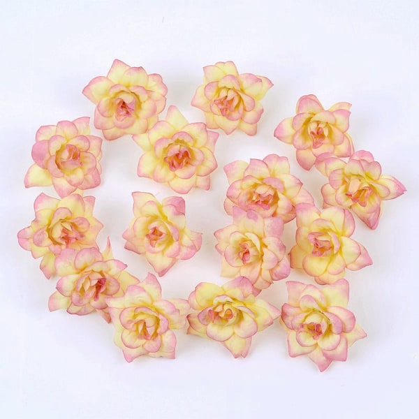 10 st konstgjord blomma 4,5 cm sidenroshuvud för bröllop hem nyår dekoration DIY krans scrapbook presentförpackning Hantverk blomma Yellow pink