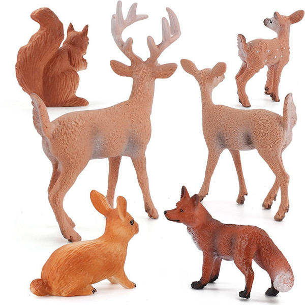 6 stk./sett Skogsdyr Figurer Ville Mini Dyr Simulering Modell Leker Hjort Rev Kanin Ekorn Action Figur Figurer Leker for Barn Gave Animals - 2