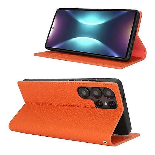 Plånboksfodral i äkta koläder med Litchi-textur för Samsung Galaxy S25 Ultra Orange