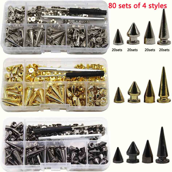 180/80 Set Punk Nit Skruvback Dubbar och Spikes Kit med verktyg Läder Craft Bullet Cone DIY för läderkrage Armband golden 180 sets