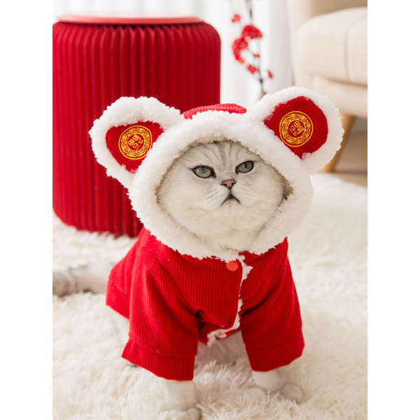 Husdjurskläder Kattkläder Förtjockade Varmröda höst- och vinterkläder Festive lucky cat XL