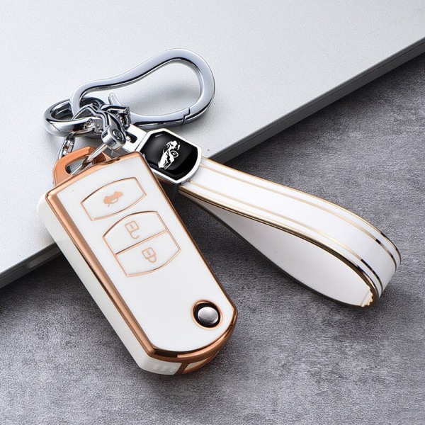 2 3 Knapper Myk TPU Flip Bilnøkkel Etui Deksel For Mazda 3 2 6 2003 2004 2005 2006 2007 2008 2009 2010 2011 2012 2013 Bilholder B white keychain