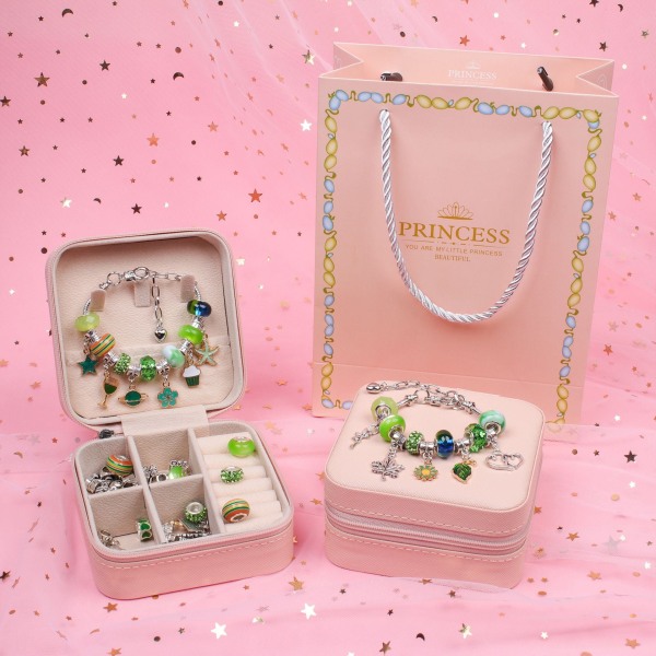 Børns Pædagogiske Håndlavede DIY Perlearmbåndssæt Kreativt Smykkearmbåndssæt Gaveæske Green jewelry box 66pcs