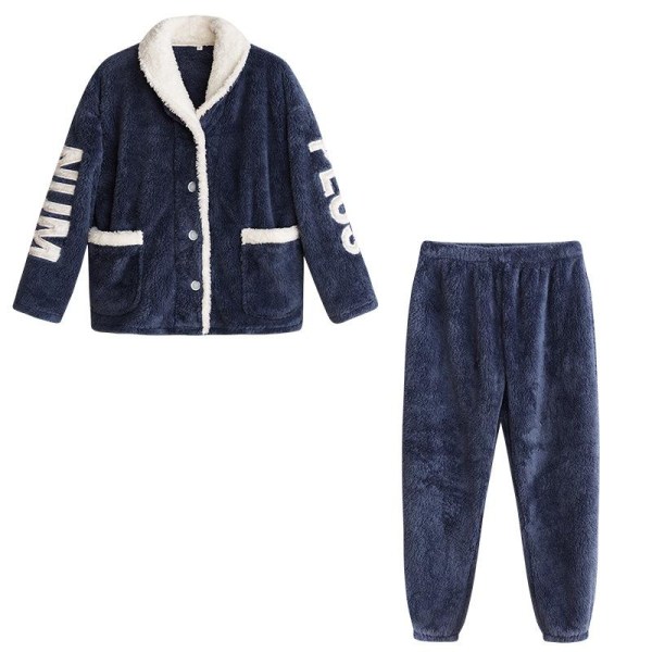 Varm Coral Velvet Pyjamas Kvinnor Höst Vinter Pyjamas Kostym Par Hem Kläder Navy blue XXL