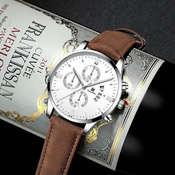 Herrklocka Fake Three-Eye Mode Kalender Bälte Quartz Klocka Herr Brown  silver