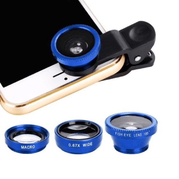 3-i-1 vidvinkelmakro Fisheye-objektivkamerasatser Mobiltelefon Fisheye-linser med klämma 0,67x för iPhone Samsung Alla mobiltelefoner Overseas Blue