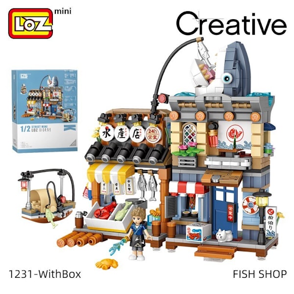 LOZ byggeklodser japansk-inspireret gadebillede izakaya akvatiske produkter butik mini små partikler samlet legetøj puslespil pige dreng 1232 with box