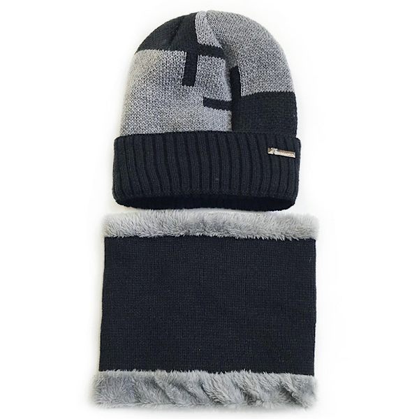 Vinter Fleecefodrad Förtjockad Geometrisk Stickad Varm Pullover Mössa Cykling Trend Halsduk Tvådelad Set Ullhatt för Män Gray