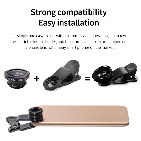 Mobiltelefon Extern Lins Fisheye Vidvinkel Makro Glaslins 3-i-1 Lins Black