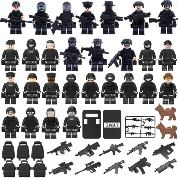 MOC Militärpolis Byggkloss Set Svart SWAT Liten Partikel Montering Docka Leksak Leksakspåse 28pcs Doll toy height about 5cm