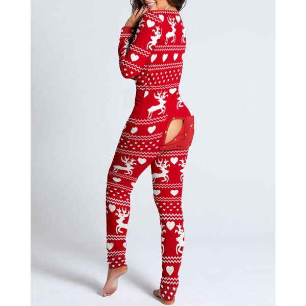 Sexig Pyjamas för kvinnor Julpyjamas Nyårs Jumpsuit Sovkläder Button-down Fram Bak Rumpa Rumpa Öppen Ass Flap Jumpsuit Print Loungewear Red L