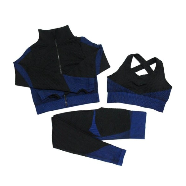 Yogaset Långärmad skjorta+sport-bh+sömlösa leggings Träning Löpkläder Gymkläder 3pcs Black Blue M