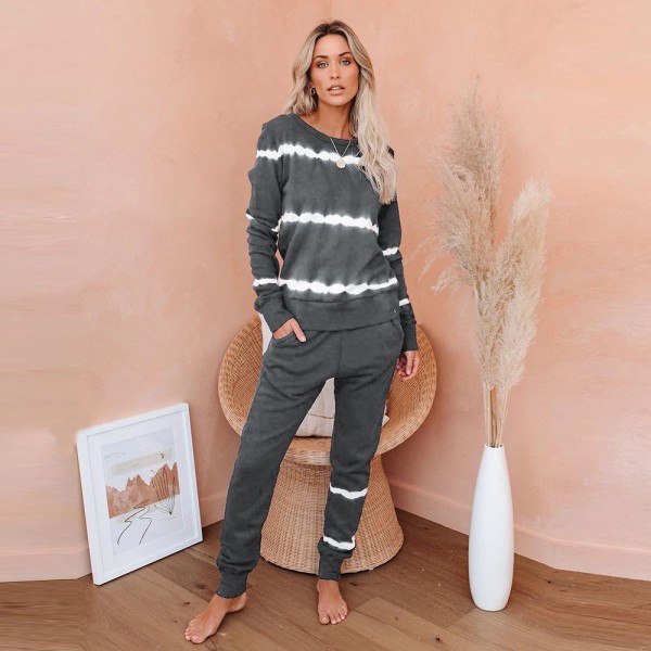 Dam 2-delat Randigt Färg Pyjamas Set Lös Casual Loungewear Träningsdräkter Joggingbyxor Set Gray M