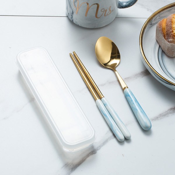 Marmorikuvioinen ruokailuvälinesetti ruostumatonta terästä titaanihaarukka lusikka ja syömäpuikot kannettavat ruokailuvälineet Blue Spoon chopsticks suit