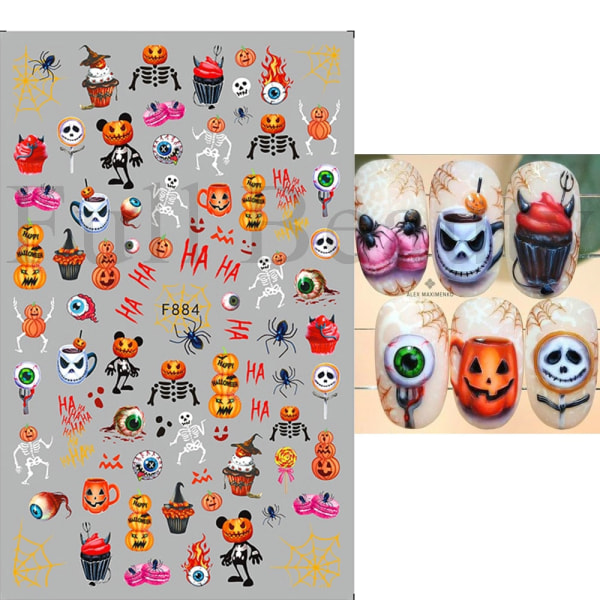 Söt tecknad skalle Nagelklistermärken Spöklik Halloween-dekoration Ghost Bat Evil Pumpa Sliders för manikyr Blodnageldekal GLF886 CY-048