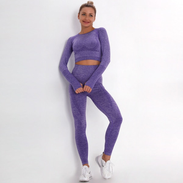 Europeisk og amerikansk prikkete jacquard sømløs sportsdrakt langermet gradient fitness yoga klær skinny yoga bukser kvinner 9149 long-sleeve suit-light gray L