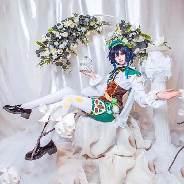 Venti Kostume Spil Genshin Impact Anime Cosplay Tilbehør Rekvisitter Paryk Kappe Sæt Halloween Gave Wig+Customs XL