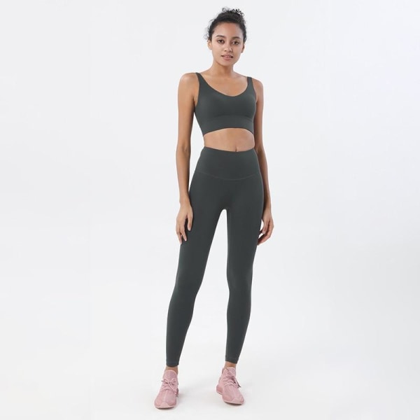 Yoga Set Sports Suit Kvinnor Lounge Wear Crop Toppar och Leggings Pink   Dark Gray S