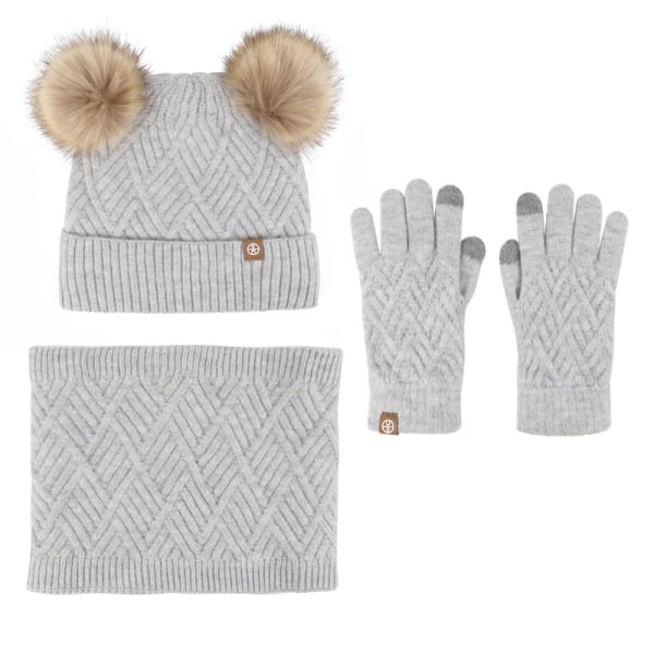 Varm Stickad Mössa Halsduk Handskar Tredelat Set plus Fluffiga Bollar Mössa Tredelat Set Purple three-piece set